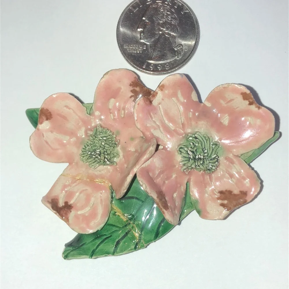 Vintage Pink Floral Ceramic Brooch